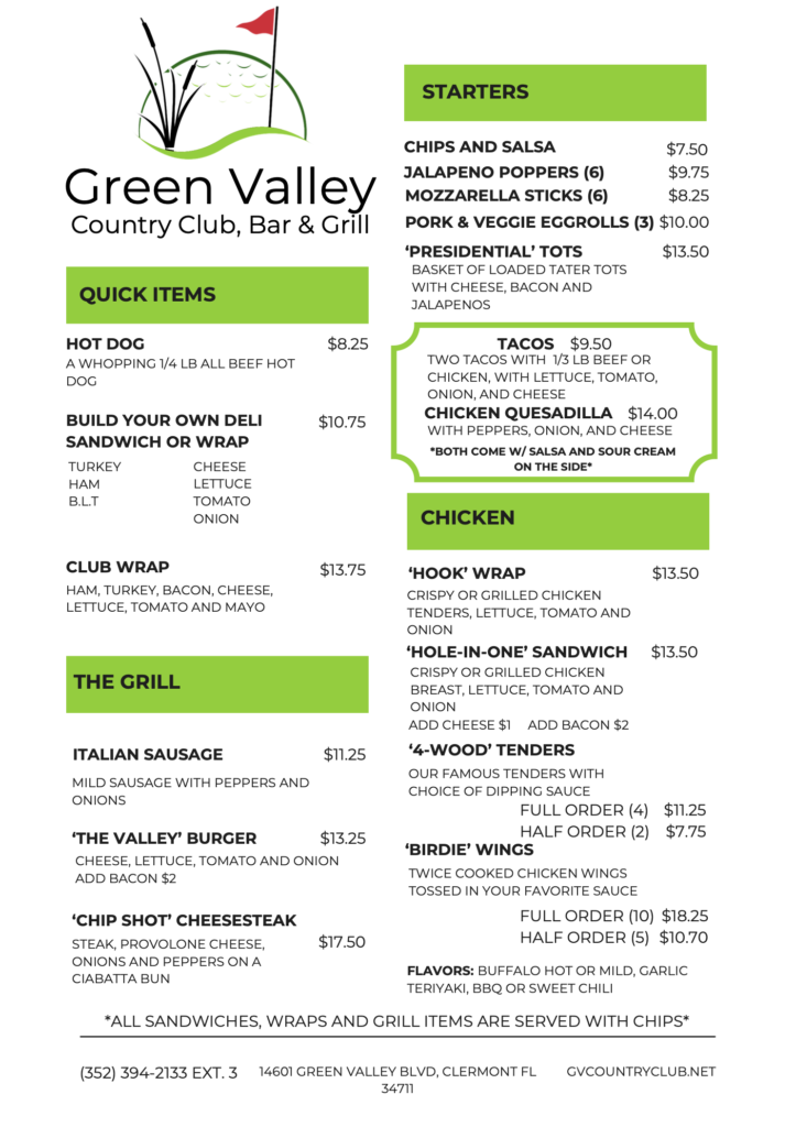 Green Valley Country Club Menu Page 1 | Green Valley Country Club | GVCountryClub.net